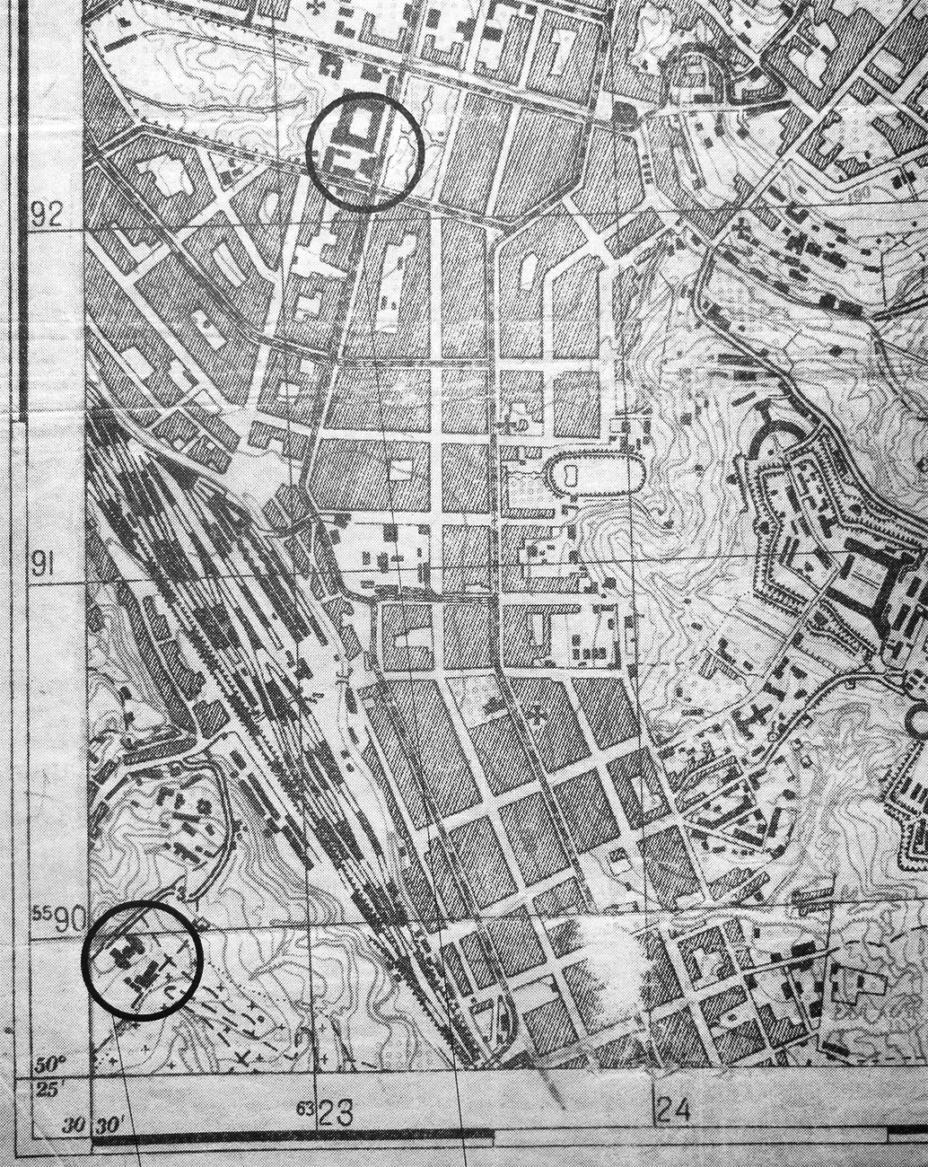 На плане видны: верхним кружком обозначена Библиотека, а нижним кружком обведен Клинический городок, 1932 г. 