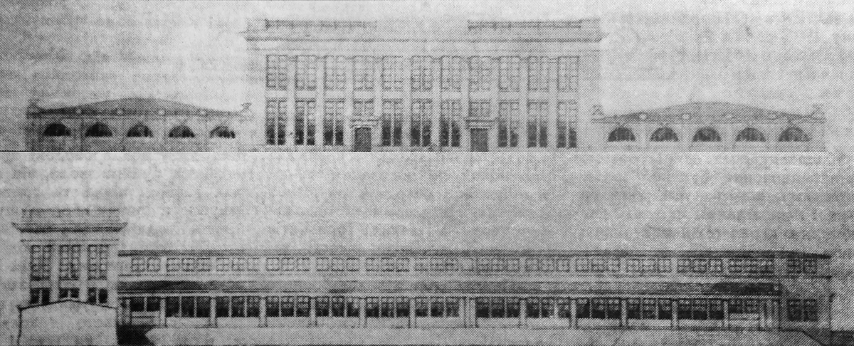 Днепровский водопровод. Фасад здания коагуляции. Проект. 1934 г. Фото взято из книги Д. Малакова, стр. 146.