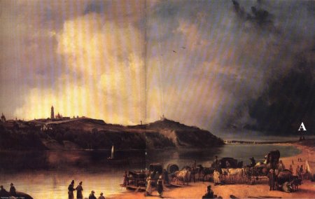 Изображение Труханова острова на рисунке В. Штернберга, буквой А обозначены башни для выработки древесного угля.